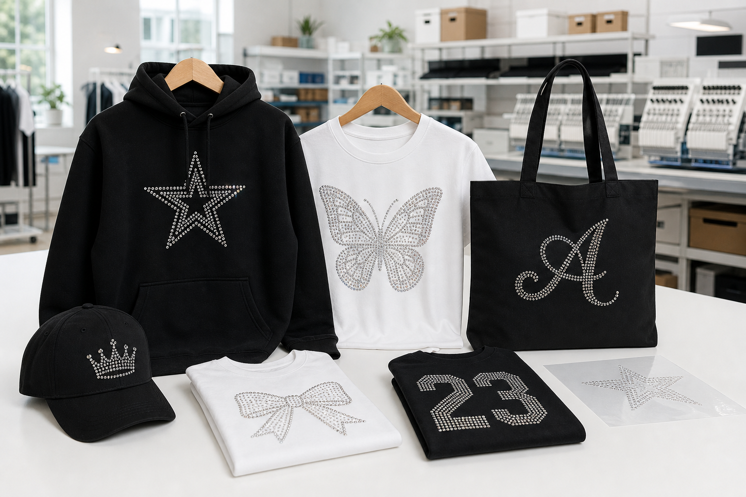 Collection of rhinestone hoodies, shirts, hats, bags, and transfers